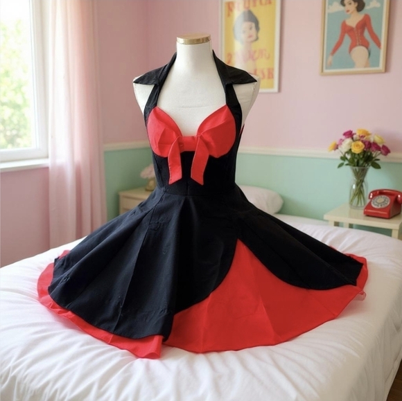 Pinup ✦ Fit & Flare Dress M ✦ Red Collar Bow Bust Open Back Stretch Retro NWT - Picture 15 of 17